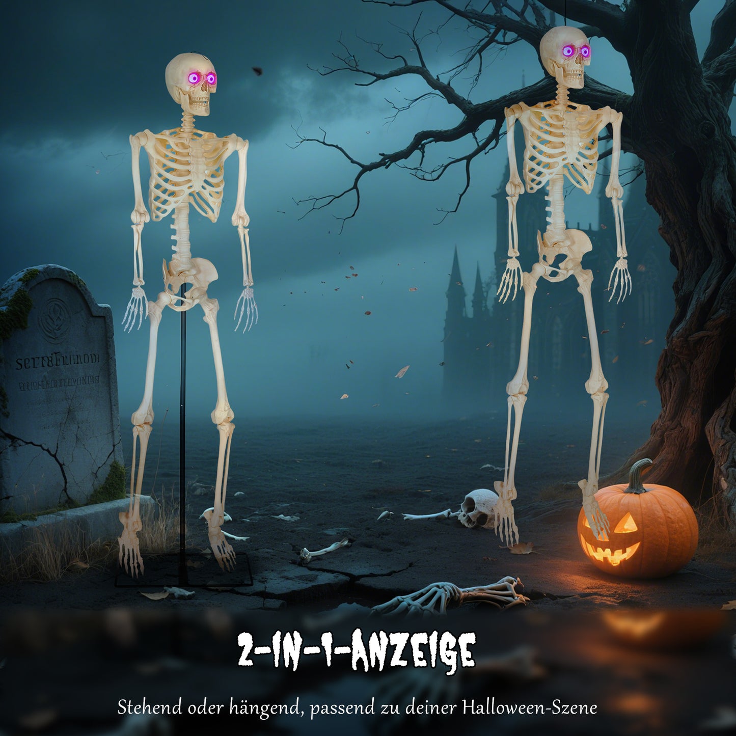 Outsunny Skelett-Figur, Halloween-Dekoration, bewegliche Arme und Beine, Geräusch-Aktivierung, leuchtende Augen, Batteriebetrieb, 152 cm, Metall, Kunststoff, Gelb