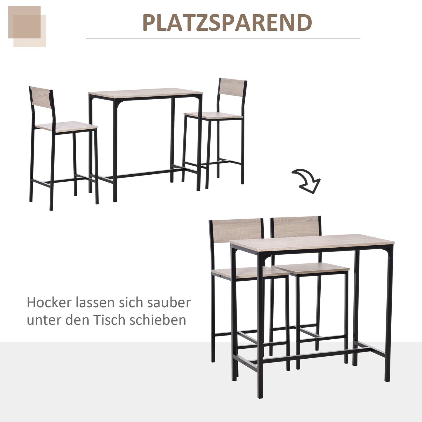 HOMCOM Bartisch Set Bartisch mit Barhocker-Set Esstisch mit 2 Stühlen mit Rückenlehne Küchentisch für Esszimmer, Küche, Natur+Schwarz