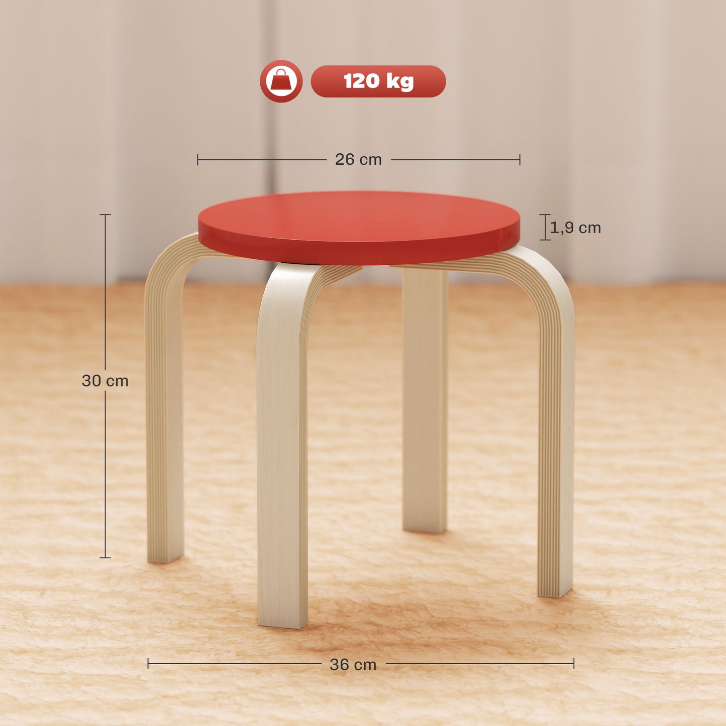 HOMCOM 4 Stapelhocker mit Filzfußpolstern, Birken-Sperrholz, lackiert, Bunt