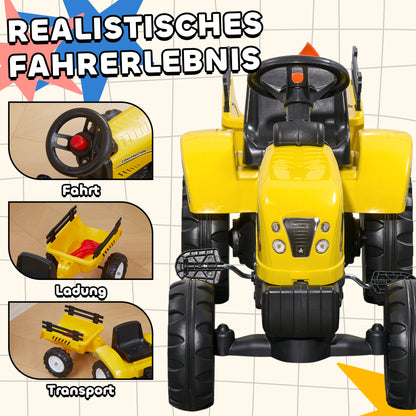 HOMCOM Trettraktor mit Anhänger, Werkzeug, Hupe, für Kinder ab 3 J., Metallrahmen, schwarz-gelb, 133 x 42 x 51 cm