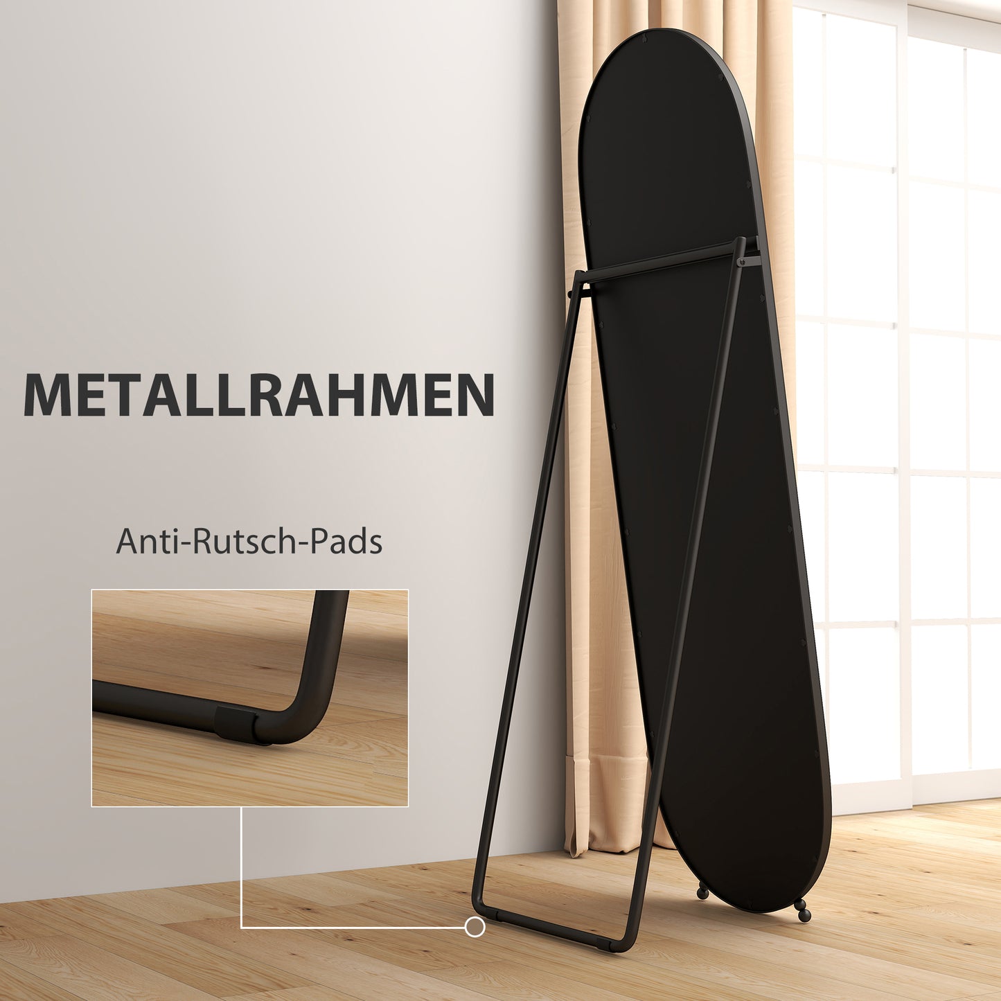 HOMCOM Ganzkörperspiegel, ovale Form, freistehend, Metallrahmen, 40x160cm, Schwarz