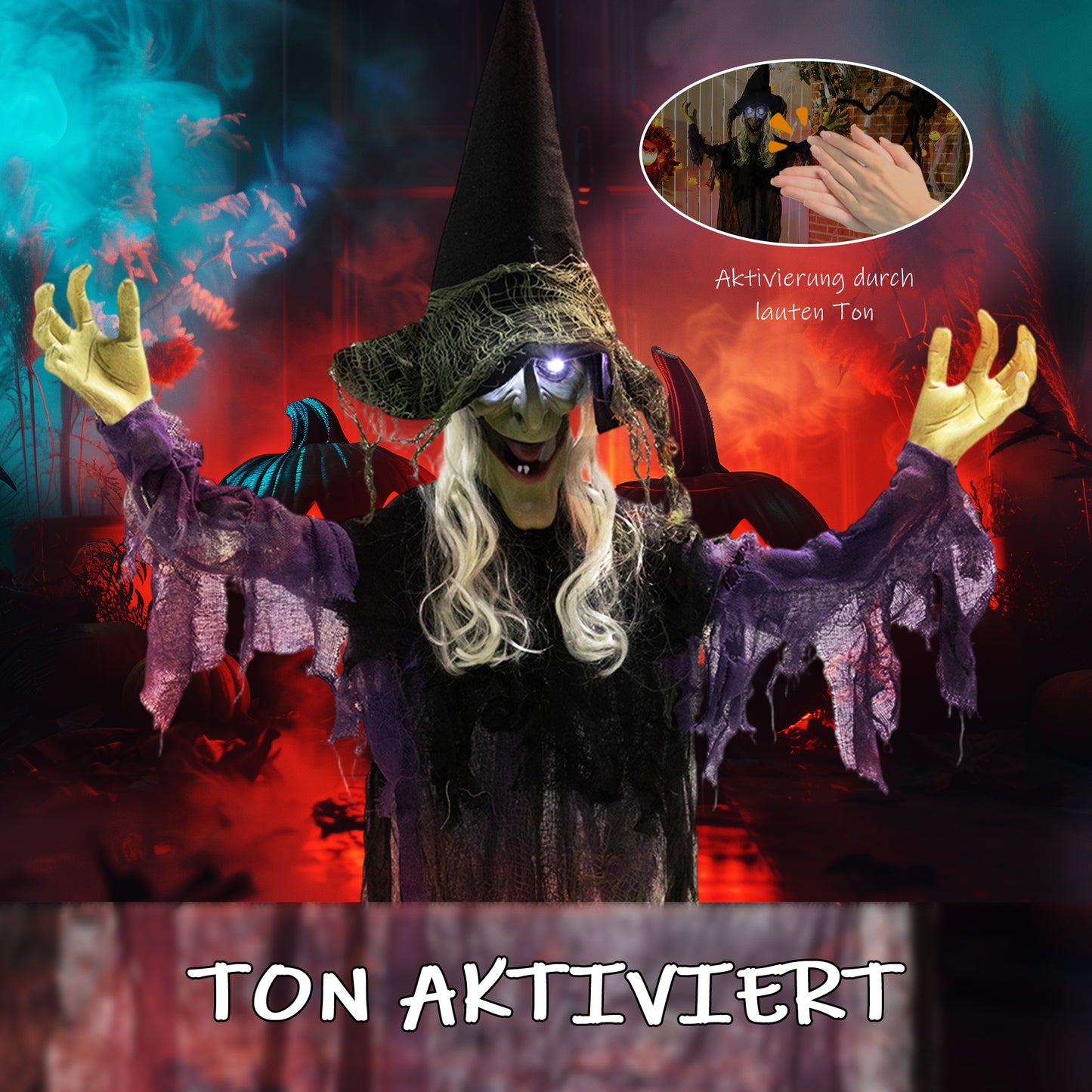 Outsunny 183cm Halloween Dekoration Hängende Halloween Hexe mit LED-Lichter, Soundfunktion verstellbare Arme, Mund