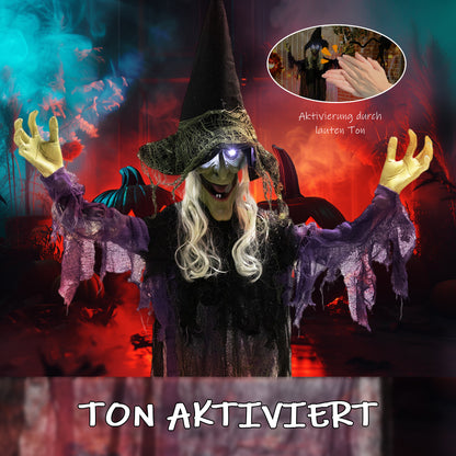 Outsunny 183cm Halloween Dekoration Hängende Halloween Hexe mit LED-Lichter, Soundfunktion verstellbare Arme, Mund