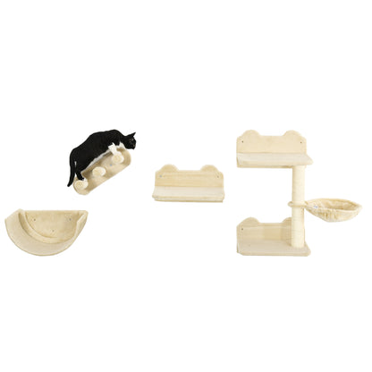 PawHut Kletterwand-Set för Katzen, 4-teilig, mit Katzentreppe, Hängematte, Plattform och Kratzbaum, Beige