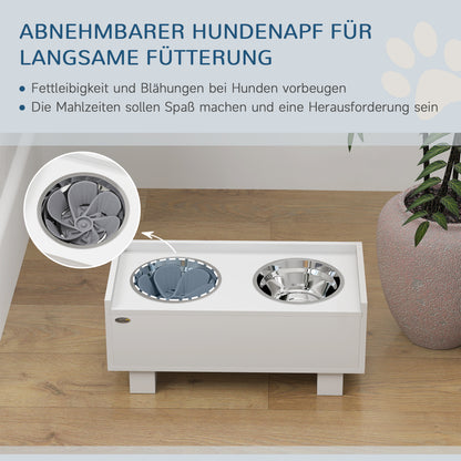 PawHut Erhöhte Fütterungsstation für Hunde, mit abnehmbarer Slow-Feeder-Matte, 2 Aluminiumschüsseln, Staurum, Weiß