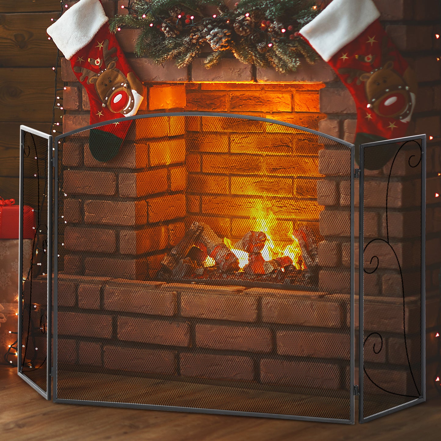 HOMCOM Funkenschutz für Kamine, 3 Paneele, klappbar, flexibel, Metall, schwarz, 132,5 x 76,5cm