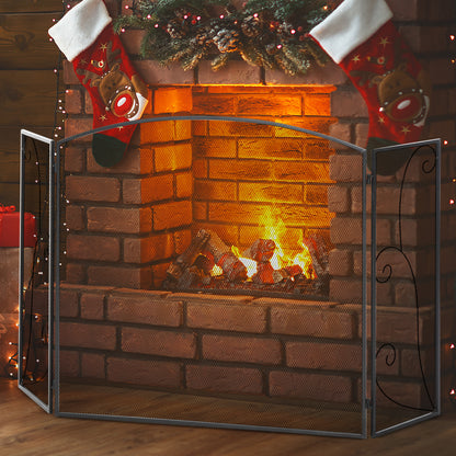 HOMCOM Funkenschutz für Kamine, 3 Paneele, klappbar, flexibel, Metall, schwarz, 132,5 x 76,5cm