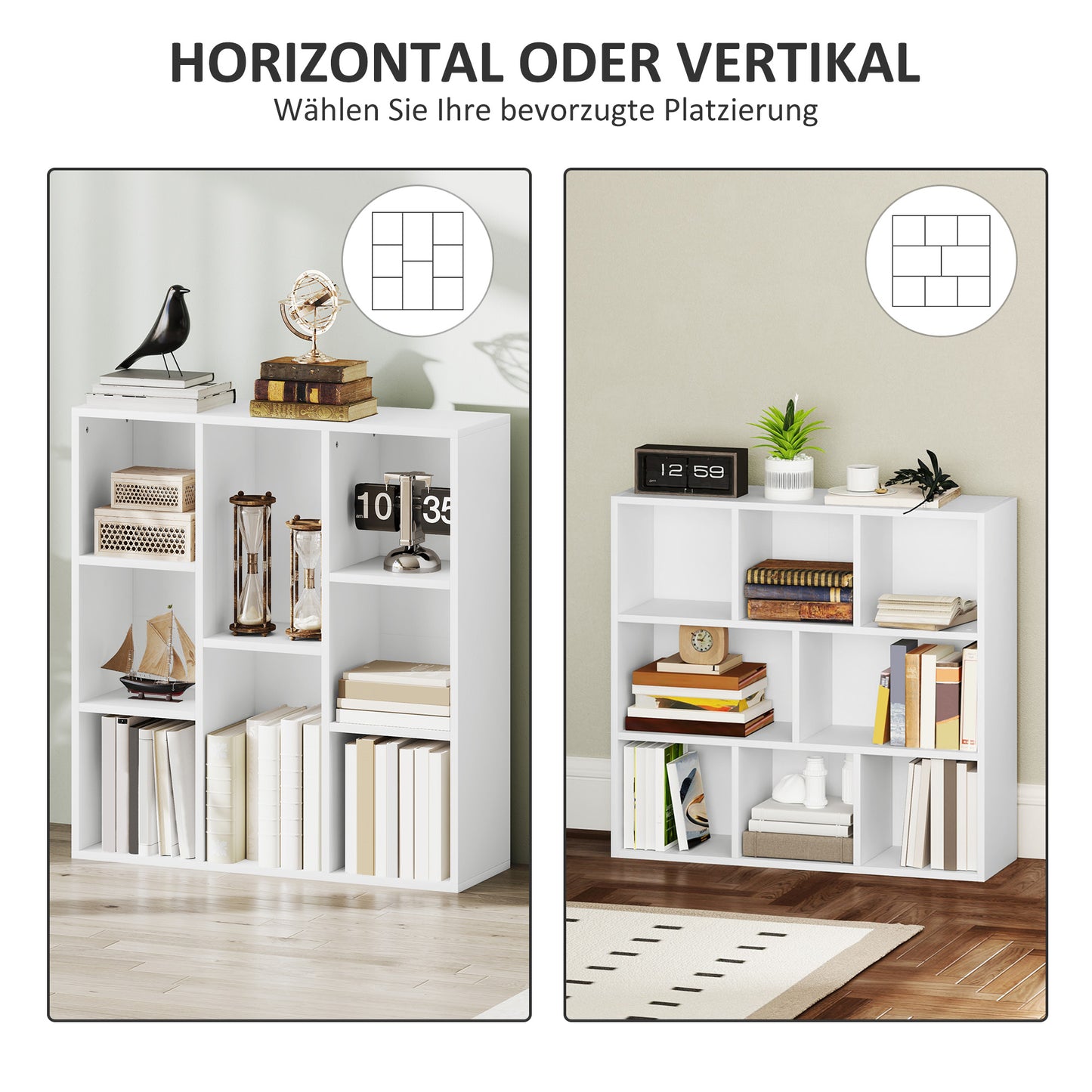 HOMCOM 3-Ebenen-Bücherregal, 8 Fächer, Spanplatte, Aufbewahrungsregal, Weiß