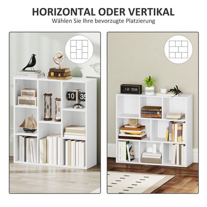 HOMCOM 3-Ebenen-Bücherregal, 8 Fächer, Spanplatte, Aufbewahrungsregal, Weiß