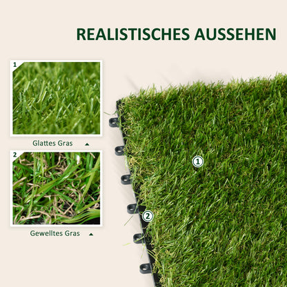 Outsunny Kunstrasen, naturgetreu, Dräneringsfunktion, 6,5 K Fasern/m², 25mm Höhe, 10-er Set je 30x30cm, Grün