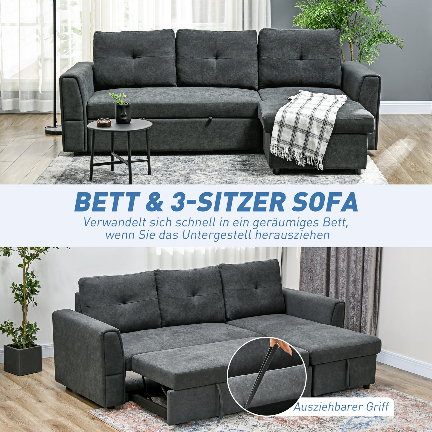 HOMCOM 3-Sitzer-Sofa mit Bettfunktion, Schlafsofa mit Chaiselongue, Polstersofa, Dunkelgrau