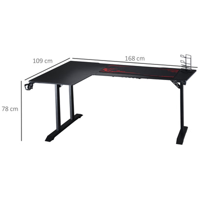 HOMCOM Gaming Tisch Schreibtisch L-förmige mit Kopfhörerhaken Getränkehalterung Computertisch MDF Metall Schwarz+Rot 168 x 109 x 78 cm