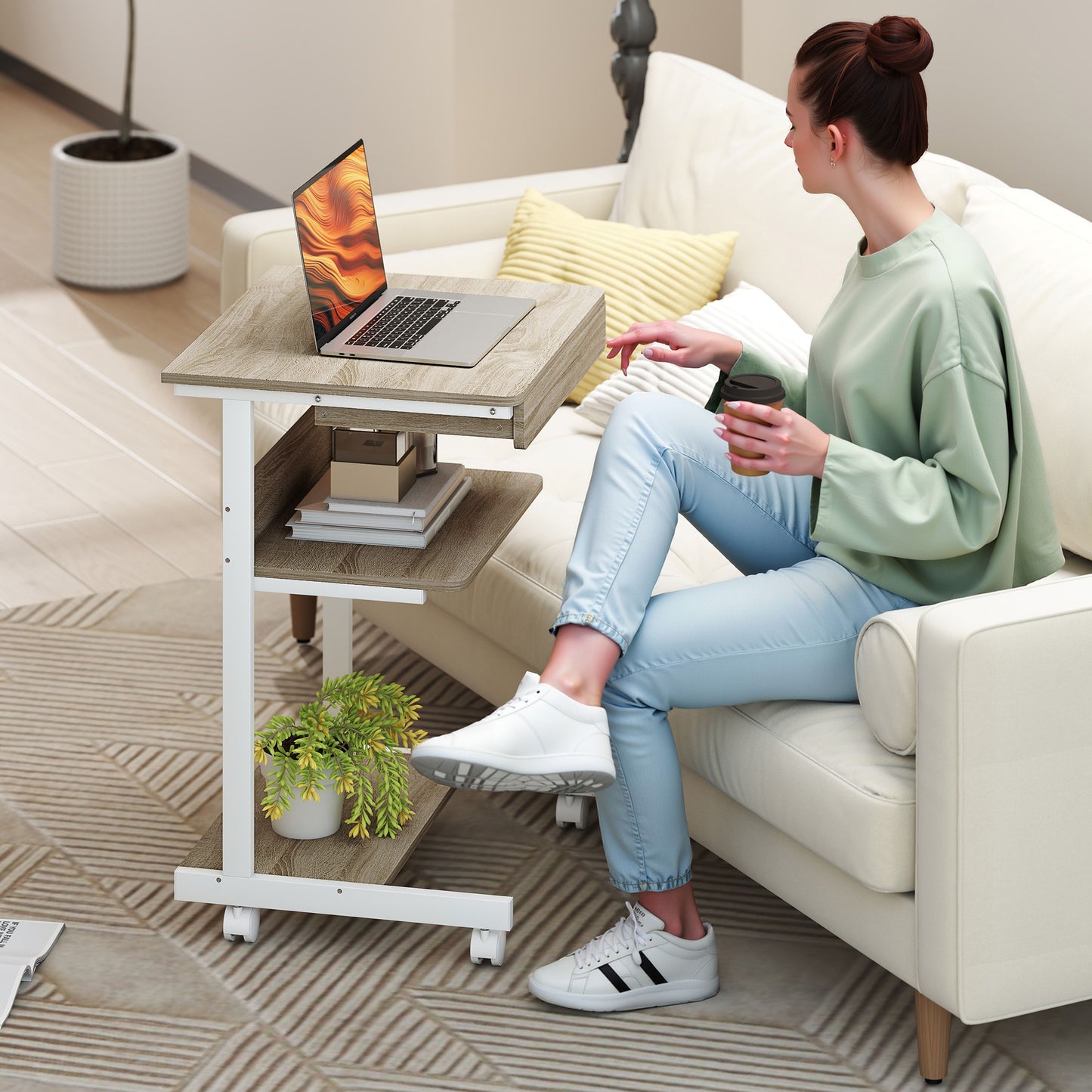 HOMCOM Roll-Schreibtisch mit Schublade und Regalen, 4 Räder, kompakt, Spanplatte, Metall