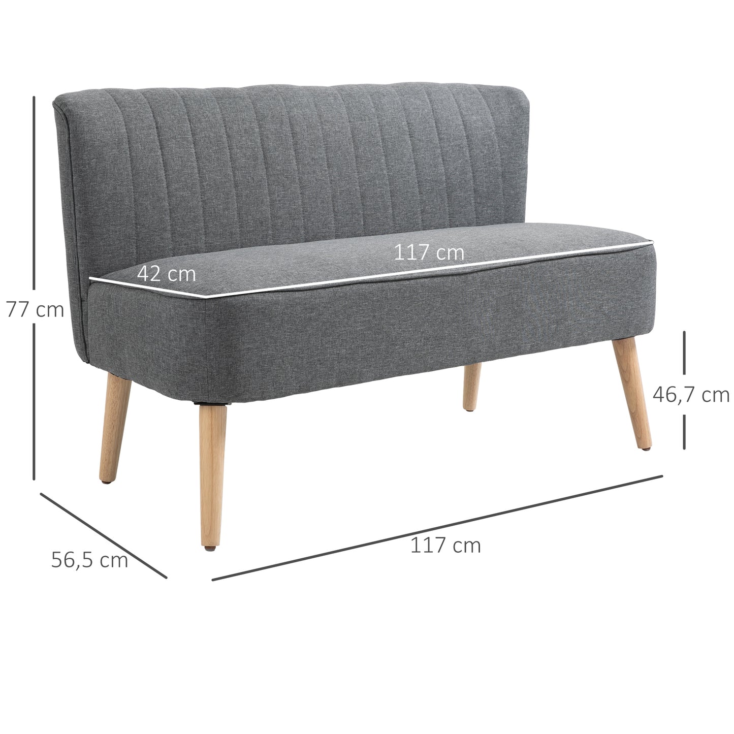 HOMCOM 2-Sitzer Sofa, weiche Polsterung, pflegeleichter Bezug, bis 150 kg, 117 x 56,5 x 77 cm, Hellgrau