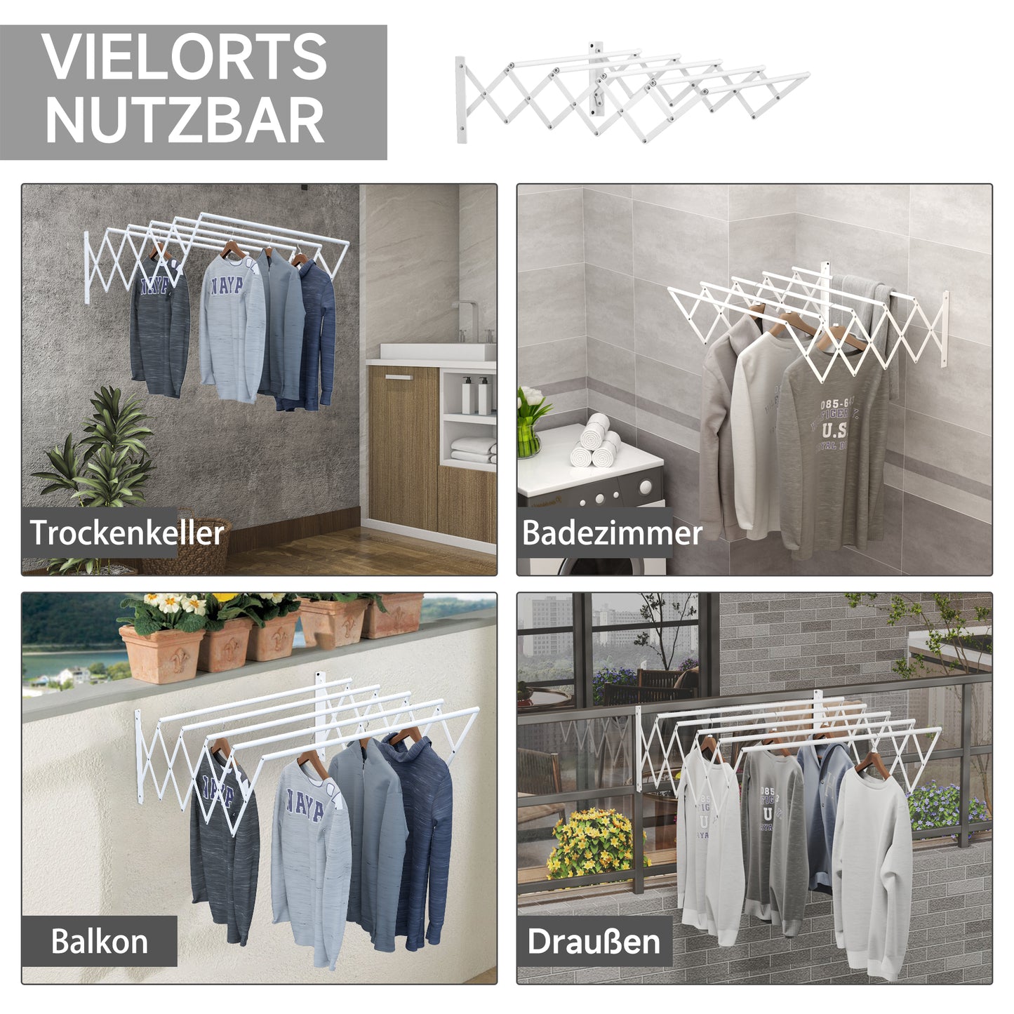 HOMCOM Wäscheständer für Wandmontage ausziehbar klappbar platzsparender Wäschetrockner, Wandwäschetrockner für Innen und Außen, Weiß, 63,5 x 60 x 20 cm