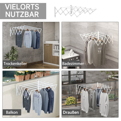HOMCOM Wäscheständer für Wandmontage ausziehbar klappbar platzsparender Wäschetrockner, Wandwäschetrockner für Innen und Außen, Weiß, 63,5 x 60 x 20 cm