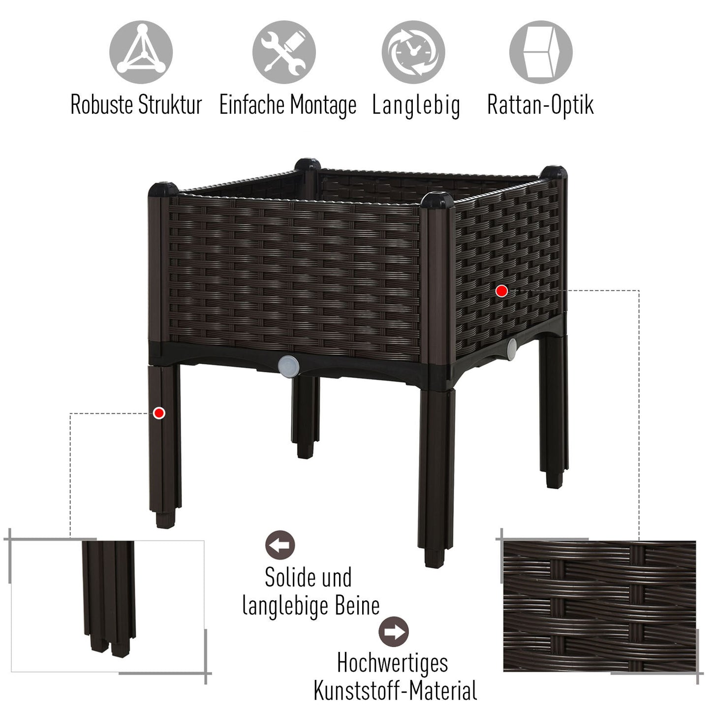Outsunny Hochbeet, Pflanzkasten mit Abflusslöchern, Blumenkasten im Rattan-Look, Kunststoff, Braun, 40 x 40 x 44 cm