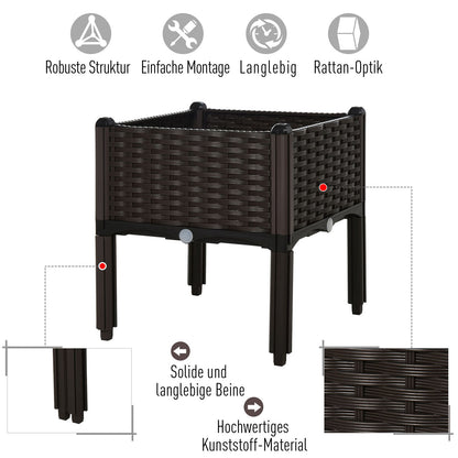 Outsunny Hochbeet, Pflanzkasten mit Abflusslöchern, Blumenkasten im Rattan-Look, Kunststoff, Braun, 40 x 40 x 44 cm