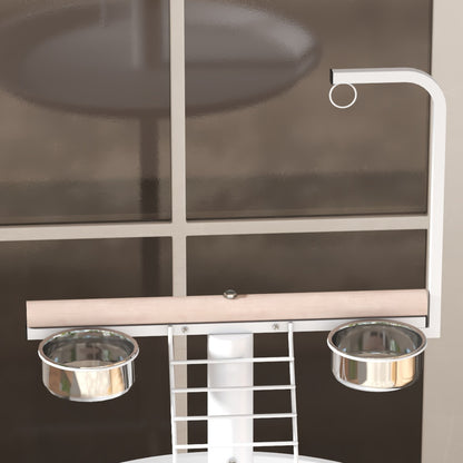 PawHut Anflugstange Freisitz für Papageien Sitzstange, 1 Leiter, 1 Schaukel, Futternäpfe, 60 x 60 x 138 cm, Weiß + Natur