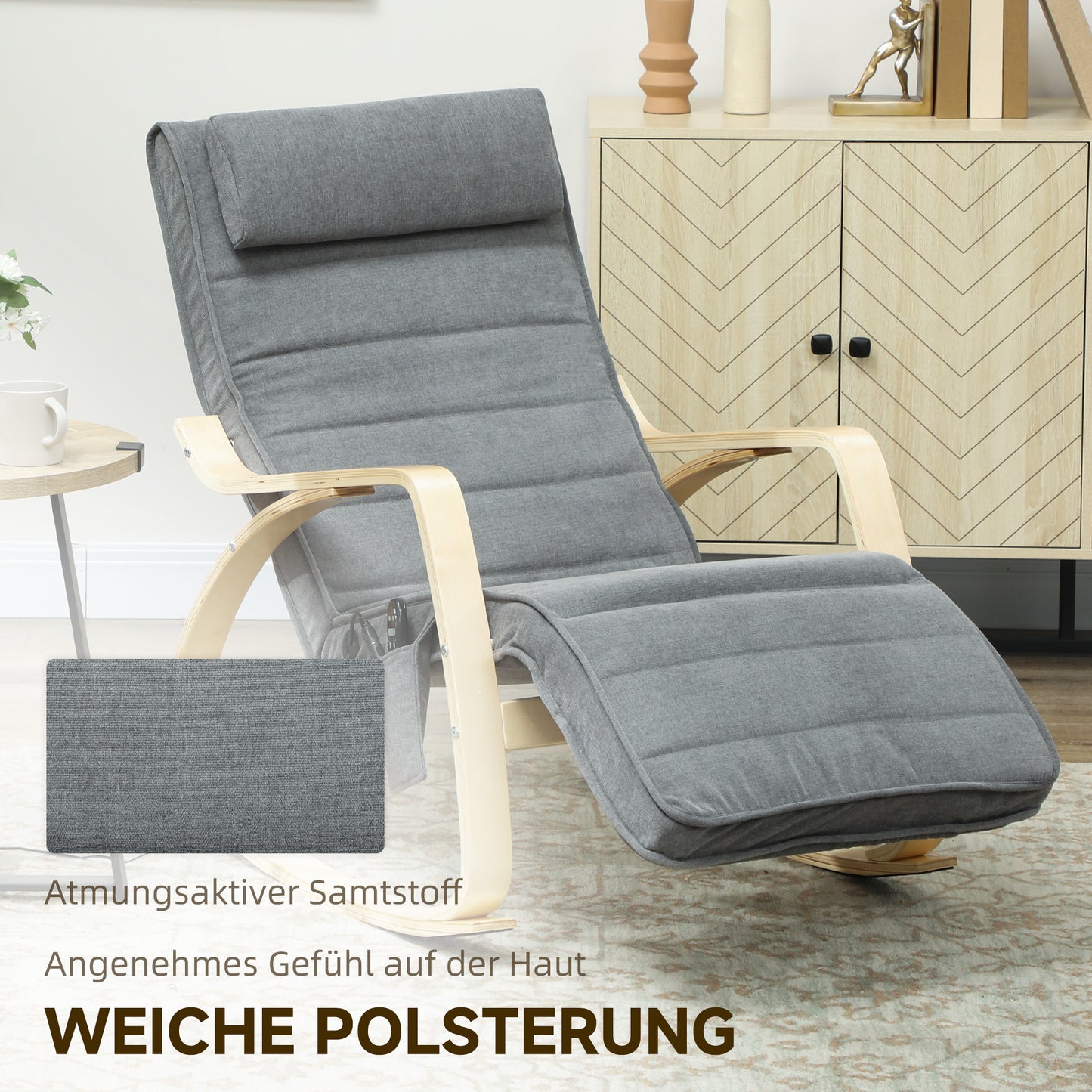 HOMCOM Schaukelstuhl mit Massage-Funktion, Lendenheizung, 3 Modi, Stoffbezug, Grau