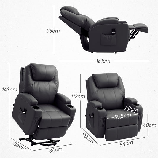 HOMCOM Fernsehsessel mit Aufstehhilfe Elektrisch Relaxsessel mit Liegefunktion, TV-Sessel mit Becherhalter, Seitentasche und Fernbedienung, Kunstleder, Schwarz