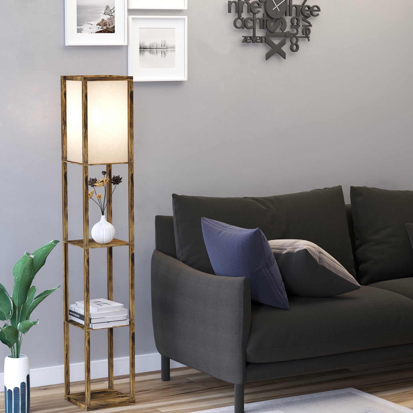 HOMCOM Stehlampe mit Regalen, Stehleuchte, Holz, 26 x 26 x 160 cm, für Wohn-/Schlafzimmer (Ohne Glühbirne)