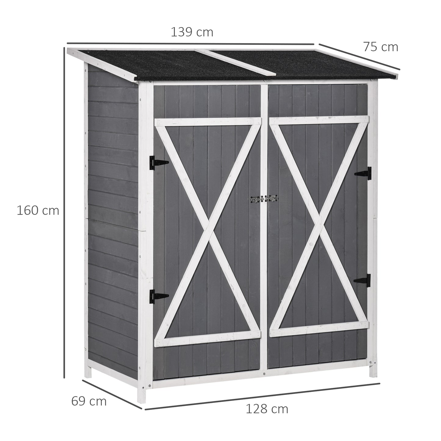 Outsunny Gartenschrank Geräteschuppen med 2 Tür Geräteschrank mit Asphaltdach Gartenlagerschrank Antidumping Design med Bodennägel Tannenholz Grau+Weiß 139 x 75 x 160 cm