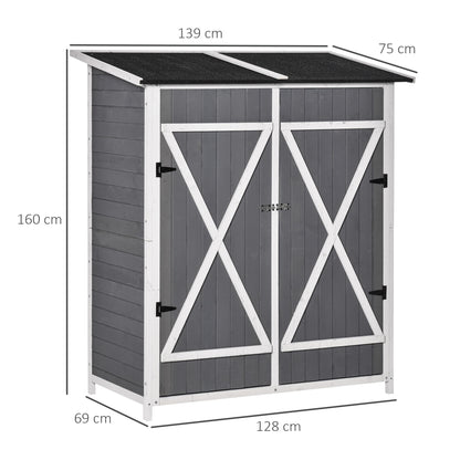 Outsunny Gartenschrank Geräteschuppen med 2 Tür Geräteschrank mit Asphaltdach Gartenlagerschrank Antidumping Design med Bodennägel Tannenholz Grau+Weiß 139 x 75 x 160 cm
