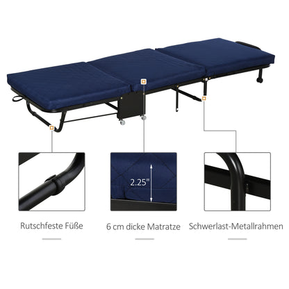HOMCOM Klappbett 65x184 cm, Erwachsene Gästebett Klappbar mit 6 cm Dicker Schaumstoff, Reisebett mit Metallrahmen, Feldbett mit Rollen und höhenverstellbarem Kopfteil, bis 120 kg belastbar, Blau