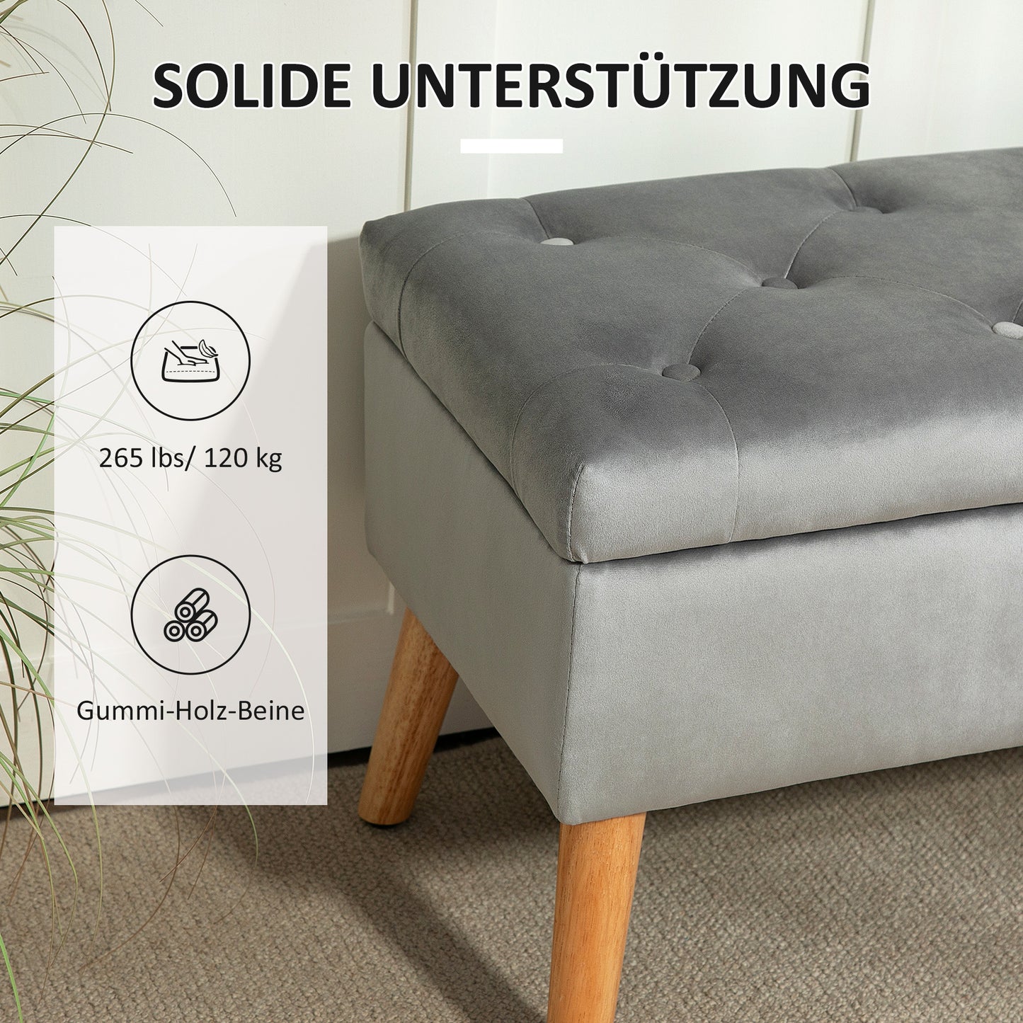 HOMCOM Polsterbank mit Stauraum, Stoffbezug in Samtoptik, Holzbeine, für Wohnzimmer, Schlafzimmer, Flur, 80 x 35 x 42 cm, Grau