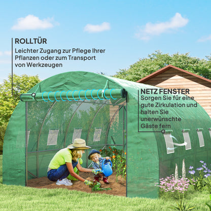 Outsunny Polytunnel Gewächshaus mit Kunststoff-Abdeckung und Stahlrahmen, begehbares Gewächshauszelt mit Rolltüren, Grün