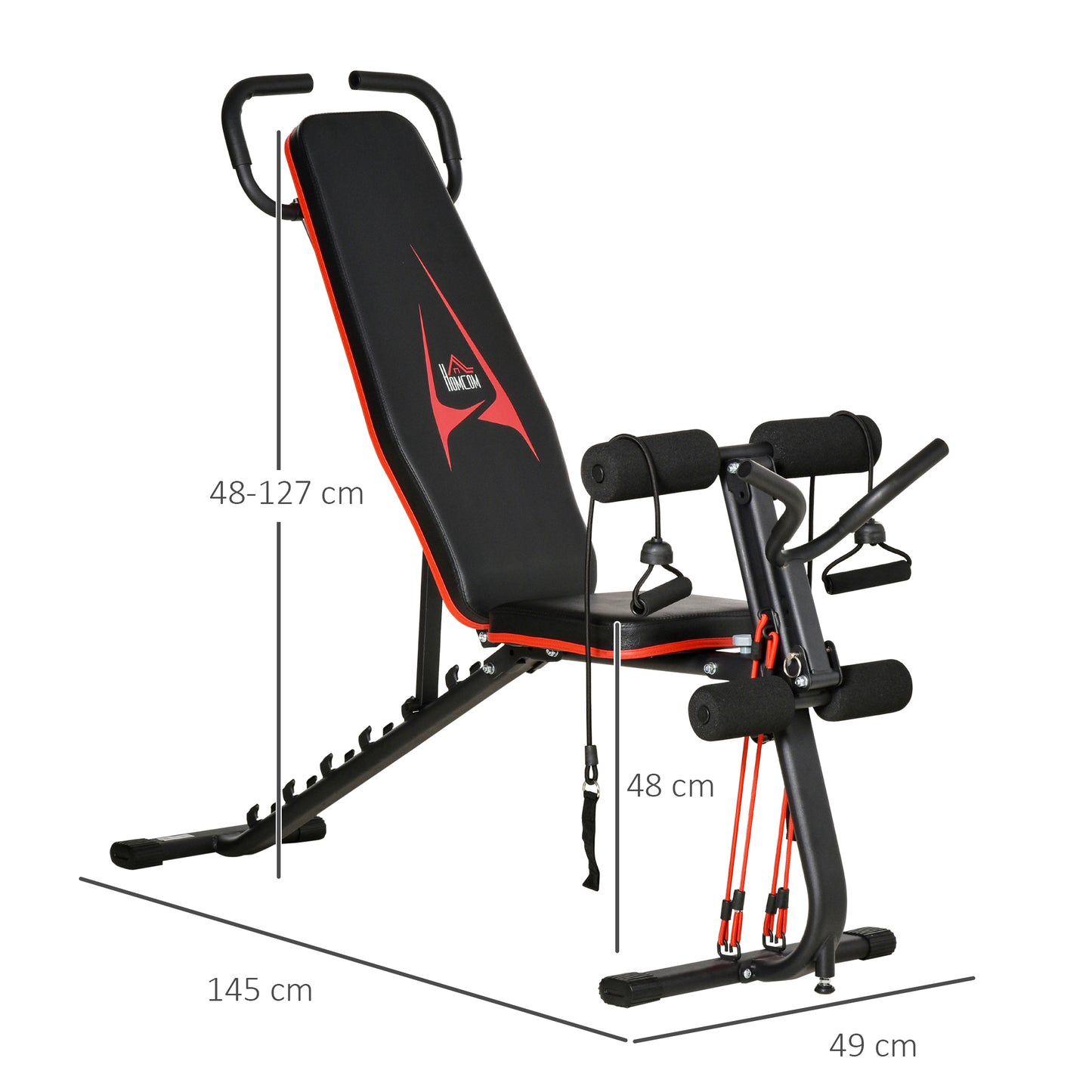 HOMCOM Hantelbank verstellbare Trainingsbank mit elastischer Seils Sit Up-Bank für Heimtraining 6 Stufen Rückenlehne-Gefälle Gewicht bis 150 kg Stahl Kunstleder Schwarz+Rot 145 x 49 x 48-127 cm