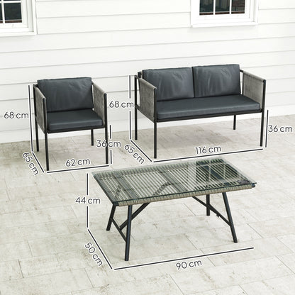 Outsunny 4-teiliges Gartenmöbel-Set, 1 Sofa, 2 Sessel, 1 Tisch mit Glasplatte, Kissen, Stahlrahmen, Kunststoff-Rattan, Grau