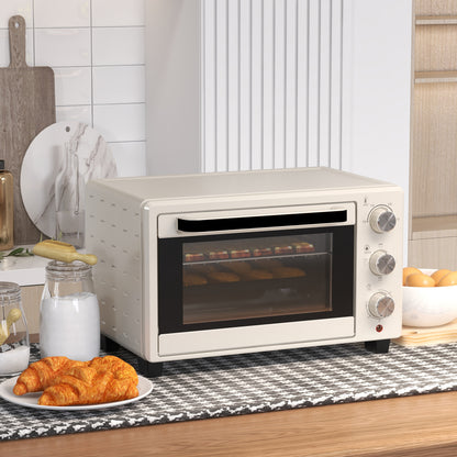 HOMCOM Minibackofen, Backofen kleine 21 L Toasterofen mit 1 Drahtgestell und 1 Backblech, 3 Kochmodi, 100 °C-230 °C, Edelstahl, Glas, Cremeweiß