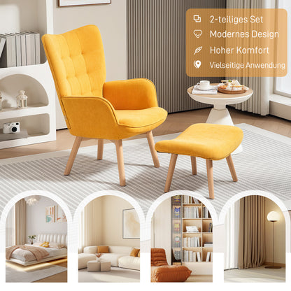 HOMCOM Akzentsessel mit Hocker, Relaxsessel in Cord-Optik, Armlehnstuhl mit Holzbeinen, für Wohnzimmer, Orange