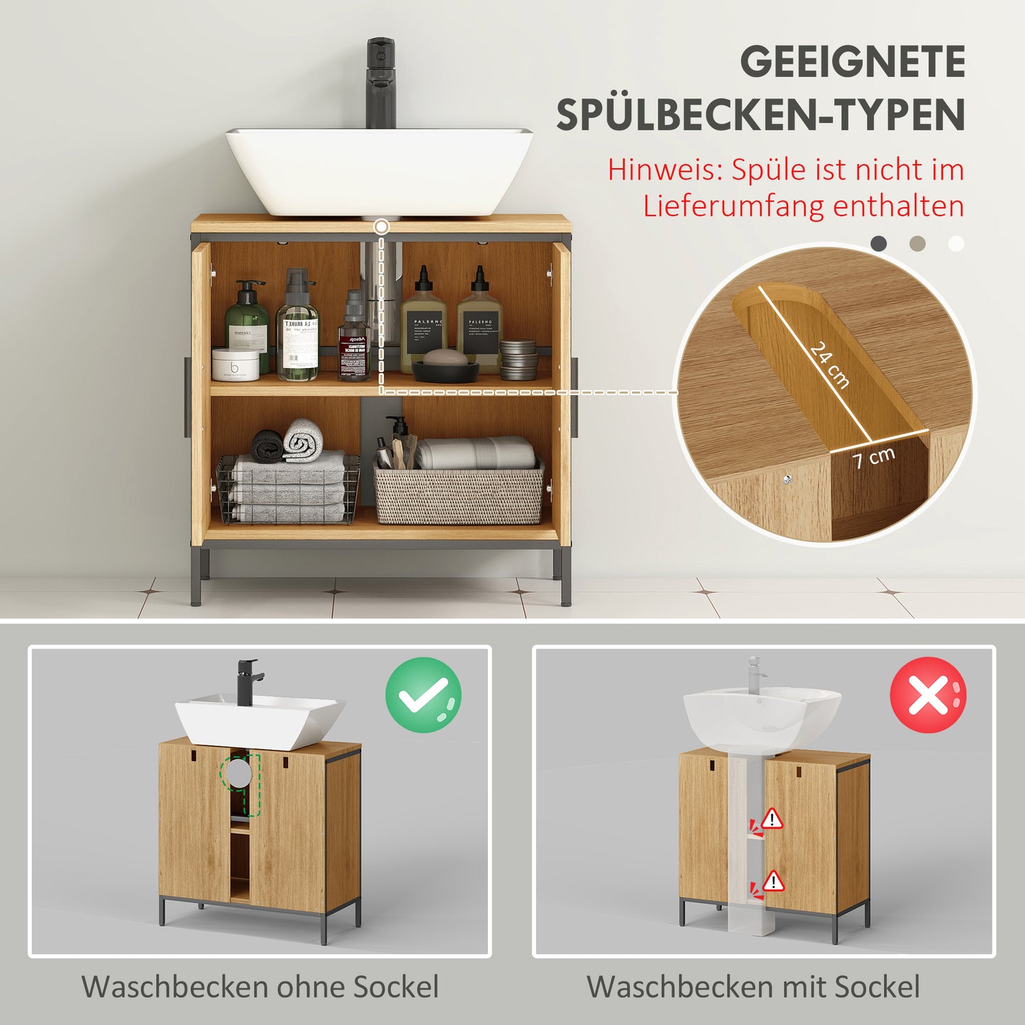 HOMCOM Waschbeckenunterschrank, Unterschrank mit 2 Türen, einstellbarem Regal, 60x30x60 cm Badezimmerschrank mit Stahlrahmen, für Waschbecken ohne Sockel, Eiche