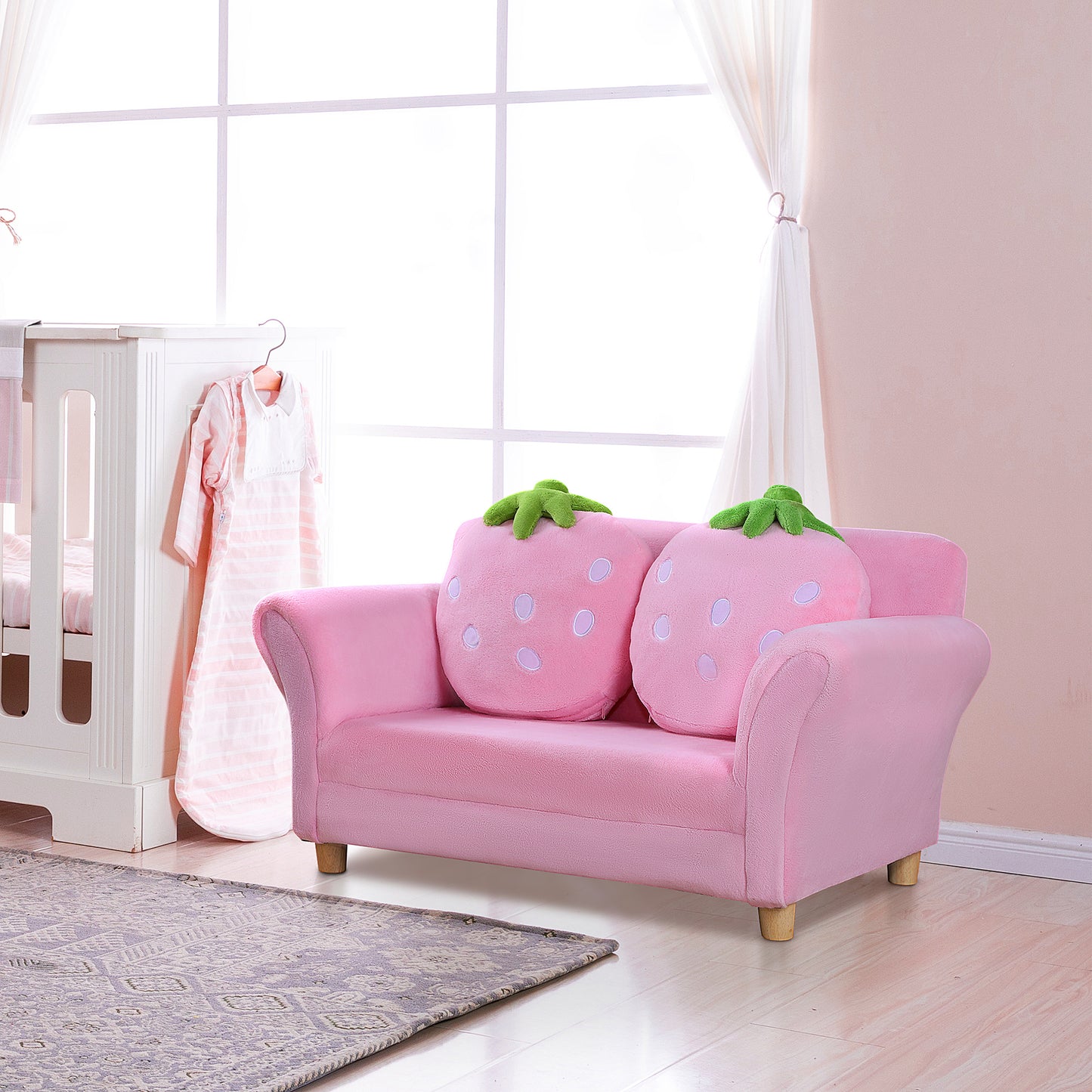 HOMCOM Kindersessel Kindersofa mit Korallenvlies-Optik, massiven Holzfüßen Sessel aus Schaumstoff Kinderstuhl für Kinderzimmer, Spielzimmer, 90 x 53 x 48cm, Rosa