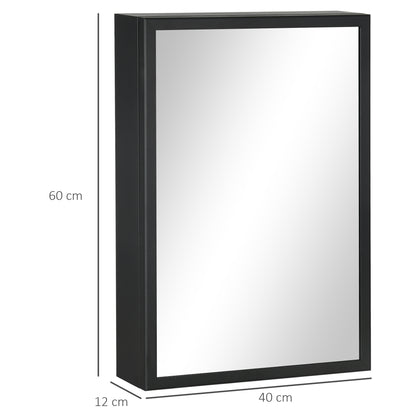 kleankin Spiegelschrank, Badschrank, 3 Regalfächer, Edelstahl, 40x12x60cm, Schwarz