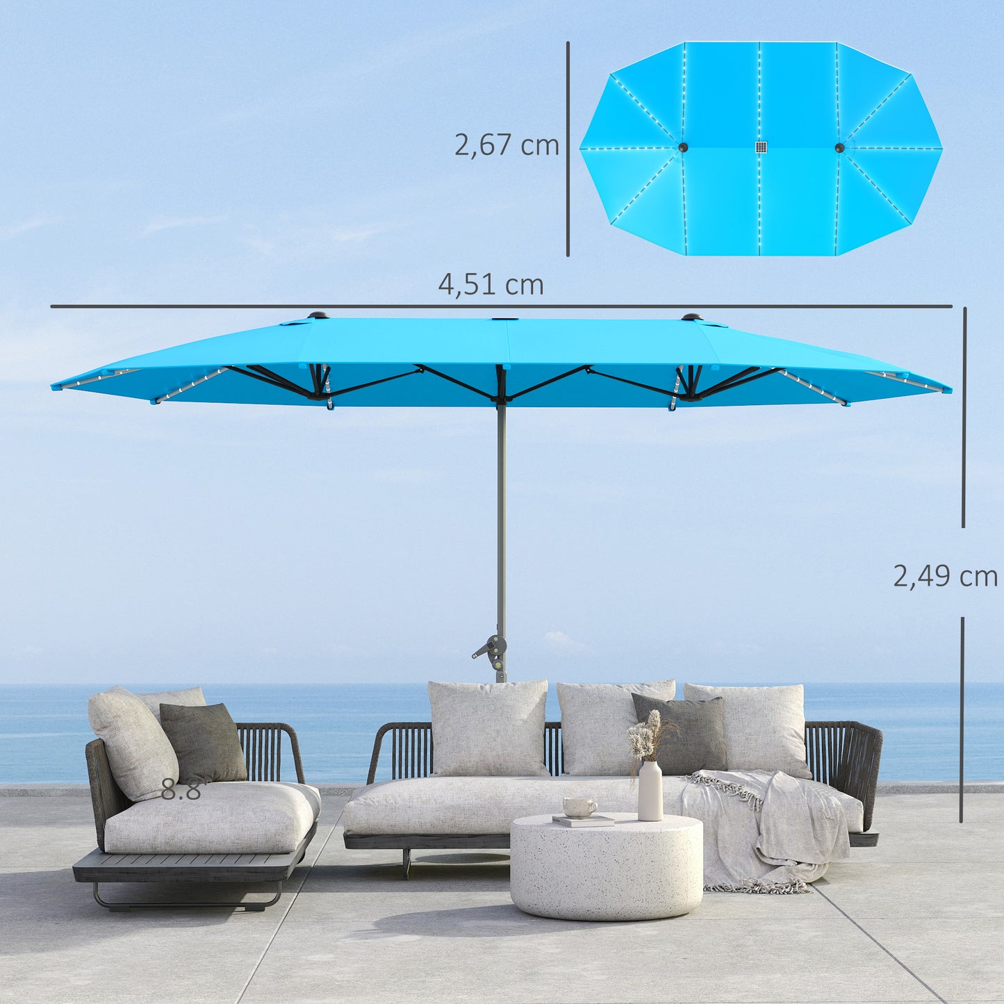 Outsunny Doppelschirm mit Solar-Lichtern, Aluminium, Polyester, UPF50+ Schutz, UV-beständig, Terrassenschirm, Blau