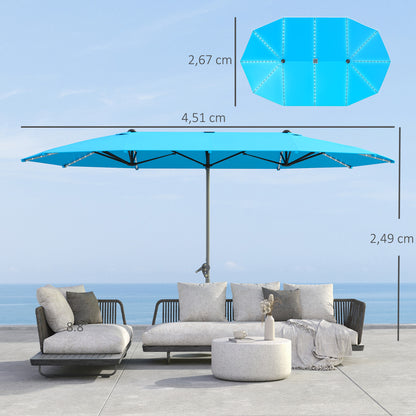 Outsunny Doppelschirm mit Solar-Lichtern, Aluminium, Polyester, UPF50+ Schutz, UV-beständig, Terrassenschirm, Blau