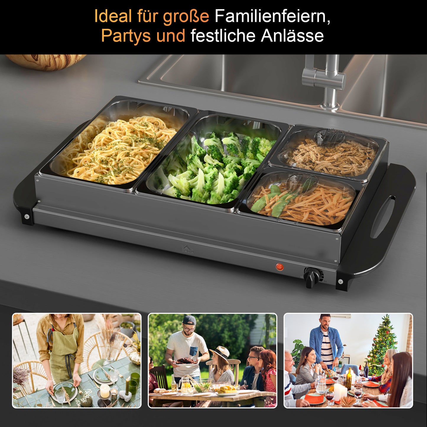 HOMCOM 2-in-1 Buffetwärmer 6,8L Warmhalteplatte 300 Watt Edelstahl Speisewärmer Silber