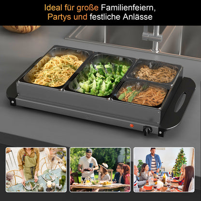 HOMCOM 2-in-1 Buffetwärmer 6,8L Warmhalteplatte 300 Watt Edelstahl Speisewärmer Silber
