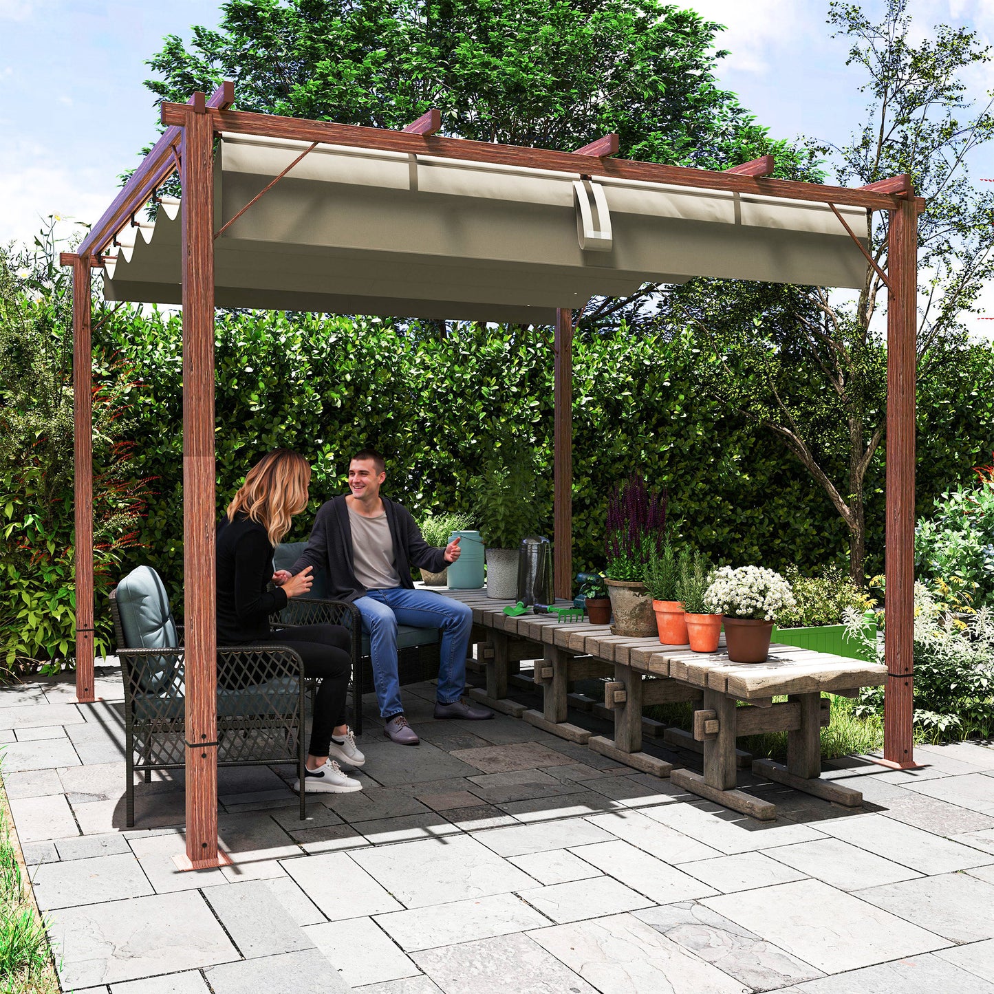 Outsunny 3 x 3 m Garten-Pergola, Verstellbares Terrassendach, Aluminium-Rahmen, UPF30+ Sonnenschutz, Naturholz