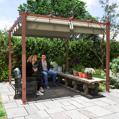 Outsunny 3 x 3 m Garten-Pergola, Verstellbares Terrassendach, Aluminium-Rahmen, UPF30+ Sonnenschutz, Naturholz
