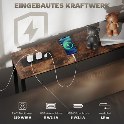 HOMCOM Schlanker Konsolentisch mit Ladestation, Industriestil, Stahlrahmen, Braun