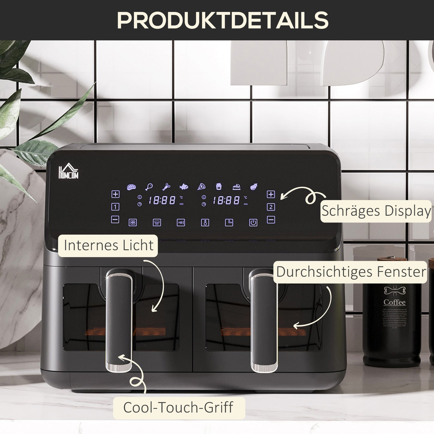 HOMCOM Heißluftfritteuse, 2 Frittierkörbe á 4 Liter, 8 Programme, Licht, Timer, 38,5 x 38 x 30,5 cm, Schwarz
