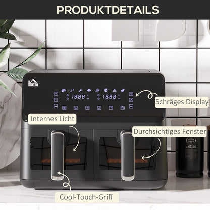 HOMCOM Heißluftfritteuse, 2 Frittierkörbe á 4 Liter, 8 Programme, Licht, Timer, 38,5 x 38 x 30,5 cm, Schwarz