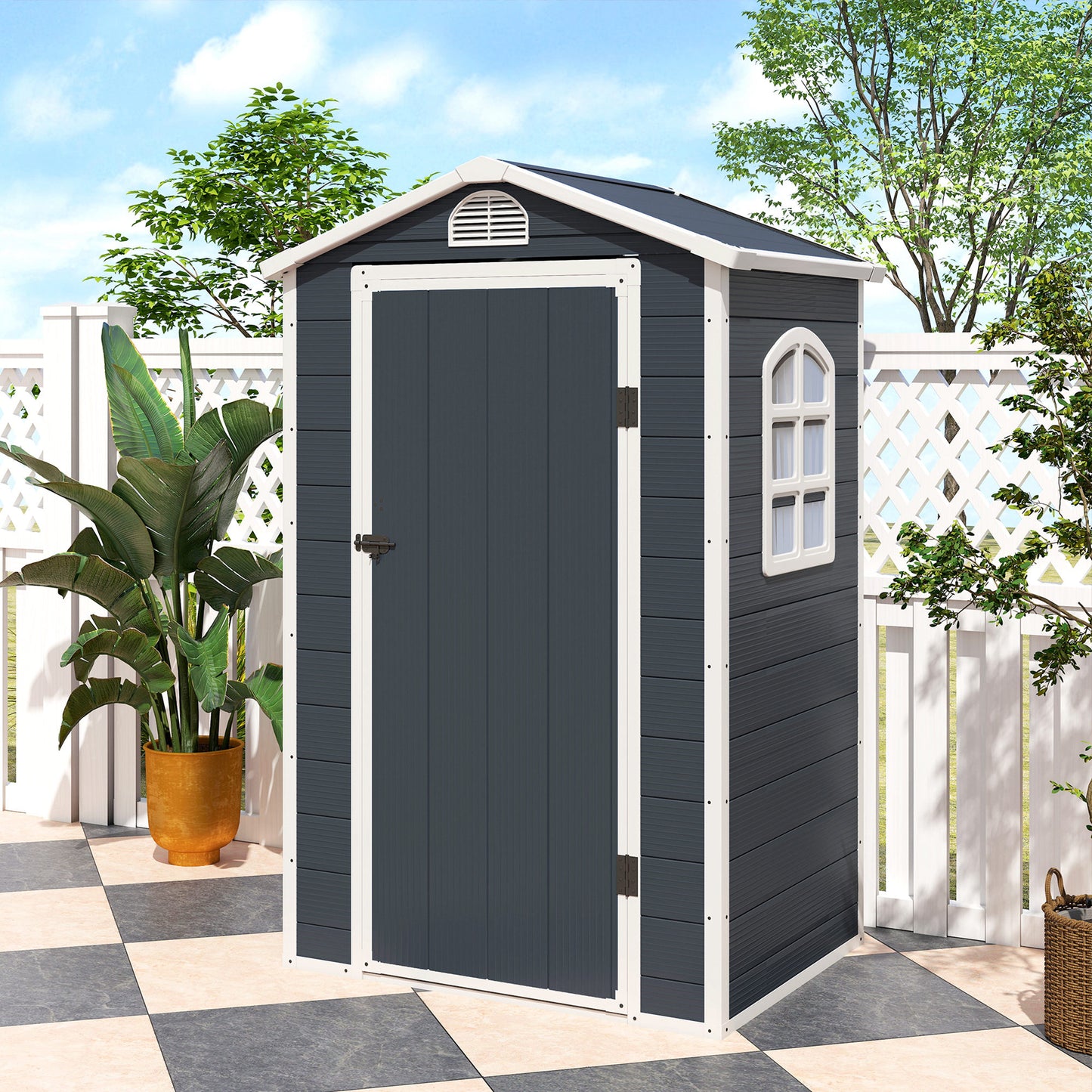 Outsunny Gerätehaus Kunststoff 1,9m² 134x104x204cm Geräteschuppen mit Satteldach Tür wetterfest Gartenhaus Outdoor Garten Schuppen Schrank für Hinterhof Außenbereich Dunkelgrau
