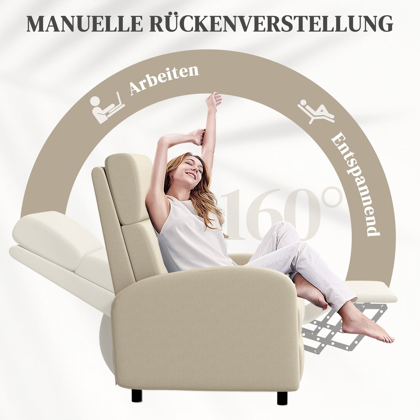HOMCOM Relaxsessel Fernsehsessel, ausklappbare Fußstütze, neigbar bis zu 160°, 64 x 86 x 102 cm, Creme
