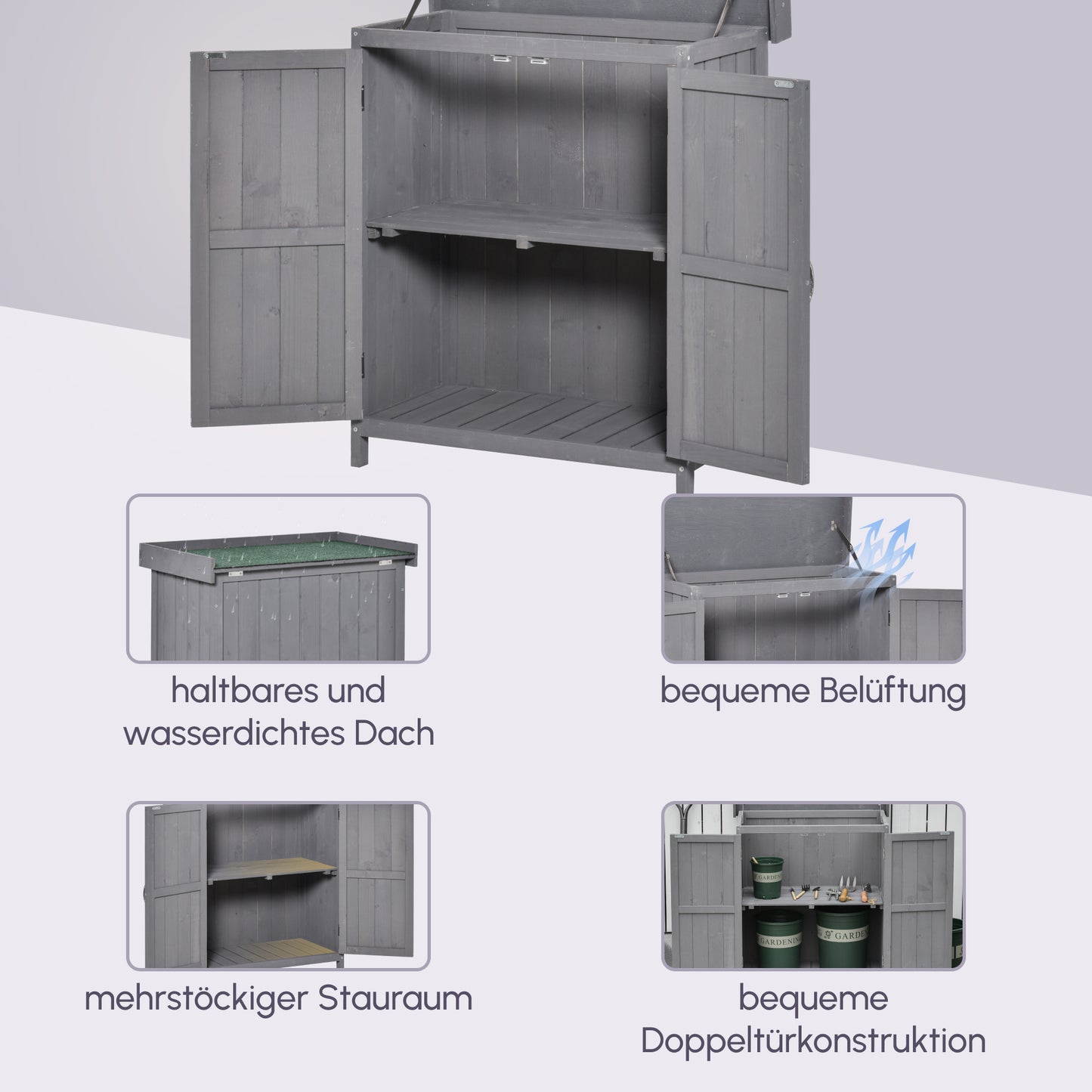 Outsunny Geräteschrank, Doppeltür, Klappdeckel, 2 Regalfächer, wetterfest, Naturholz, grau, 74 x 43 x 88cm